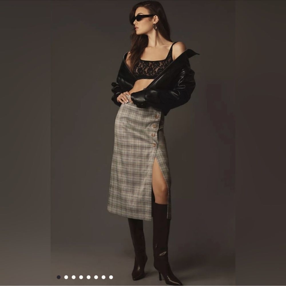 porridge x Anthropologie L Neutral Motif Button Side Plaid Midi Skirt
